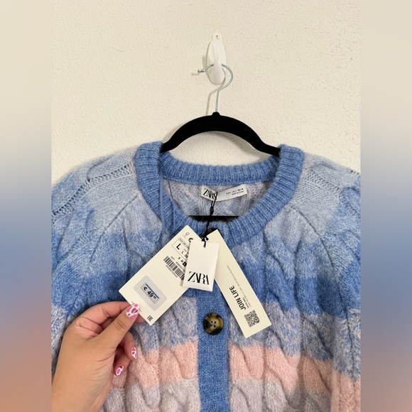 Zara Chunky Cable Knit Wool Alpaca Blend Cropped Cardigan Blue & Pink Large NEW - Picture 6 of 8